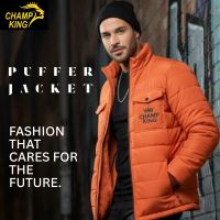 High Quality Men's Orange Puffer Jacket with Hood Zipper Closure